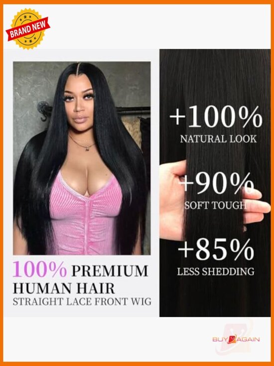 30 Inch 13x6 Lace Front Wig Human Hair Straight 200% Density Natural Black main image 4